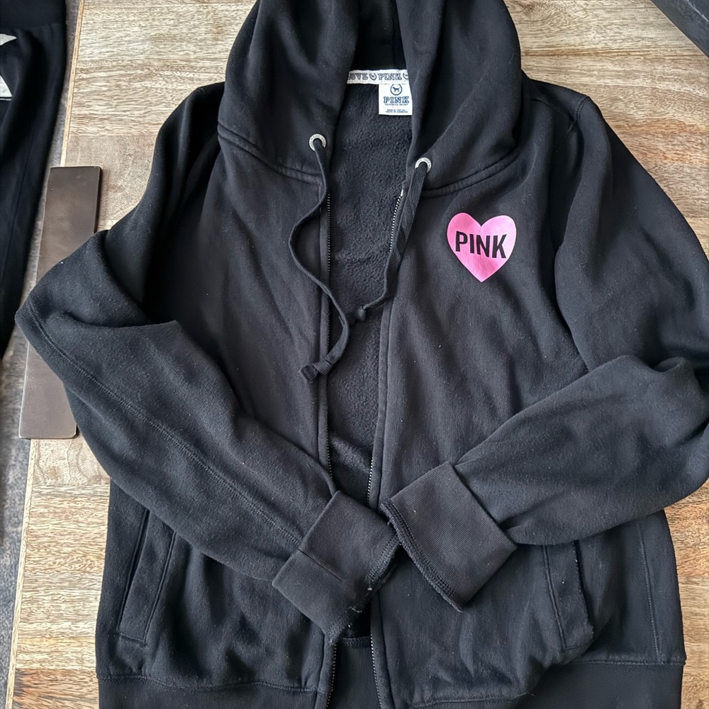 PINK Victoria's Secret Black Cotton Sweatsuit. Pants and zip jacket together. - Picture 7 of 7